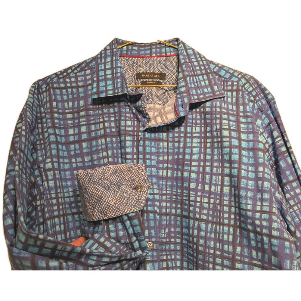 Bugatchi Shirt Mens M Blue Plaid/Check Cotton Classic Fit Button Dn. Flip Cuff